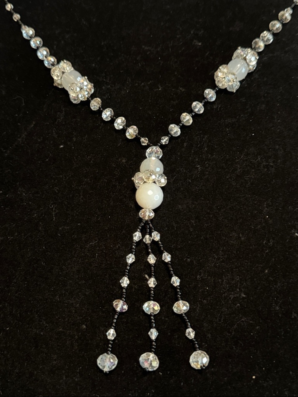 Sparkling Crystal and White Beaded Tassel 18.5” Long Necklace